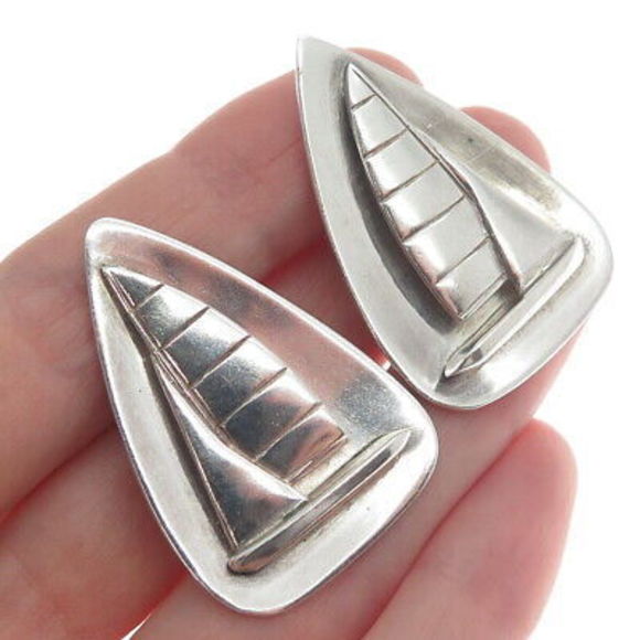 925 Sterling Silver Vintage Sailboat Clip On Earrings